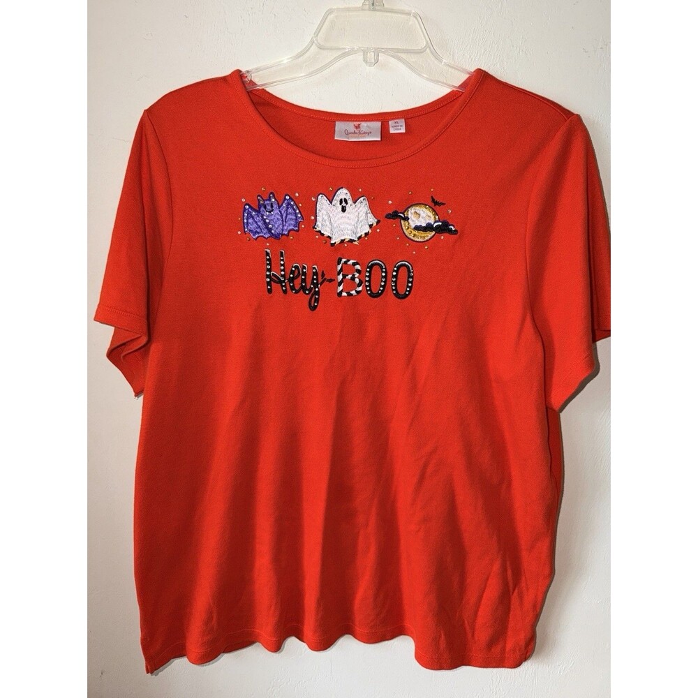 Quacker Factory Orange Hey Boo Shirt Embellished Ghost Bat Halloween Top Sz XL - Picture 8 of 8